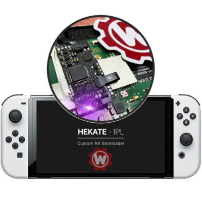 Nintendo Switch Modchip Installation Service showing internal INSTINCT-NX or PicoFly RP2040 chip professionally installed inside console using the Kamikaze installation method.