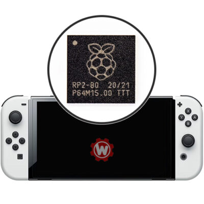 Nintendo Switch Modchip Installation Service showing internal INSTINCT-NX or PicoFly RP2040 chip professionally installed inside console using the Kamikaze installation method.