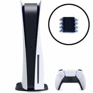 PlayStation 5 BIOS Replacement Service showing PS5 motherboard with BIOS chip removal and programmed chip installation.