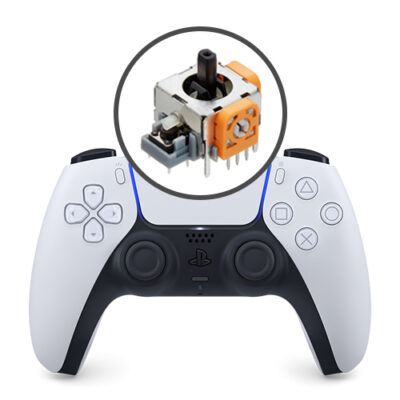 PS5 Controller Hall Effect Upgrade showing white DualSense controller and close-up of internal magnetic joystick sensor for permanent no-drift repair.