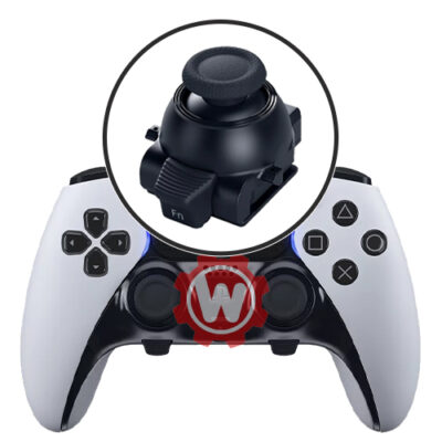 DualSense Edge Stick Drift Repair with Hall Effect upgrade, showing PS5 DualSense Edge controller and close-up of replaceable analog stick module.