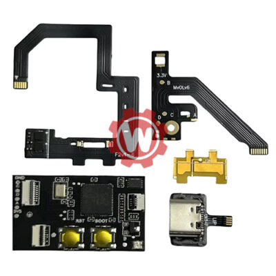 RP2040 Picofly Switch Modchip kit with main control board, flexible ribbon cables, and metal contact component for V1 V2 Lite and OLED installation.