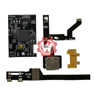 RP2040 Picofly Switch Modchip kit with main control board, flexible ribbon cables, and metal contact component for V1 V2 Lite and OLED installation.