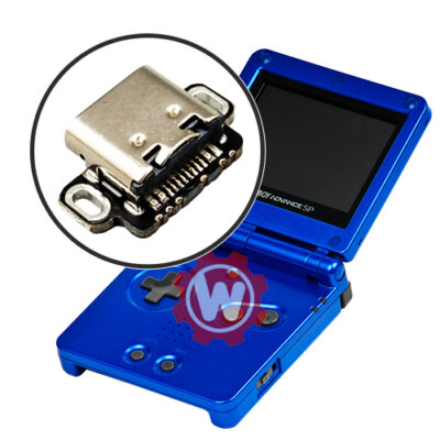 Game Boy Advance SP USB-C Mod Service showing USB-C charging port installation with professional microsoldering close-up