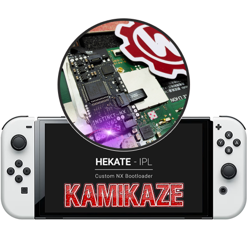 Nintendo Switch Modchip Installation Service showing internal INSTINCT-NX or PicoFly RP2040 chip professionally installed inside console using the Kamikaze installation method.
