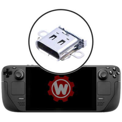 Steam Deck USB-C Port Replacement Service showing charging port repair and connector close-up