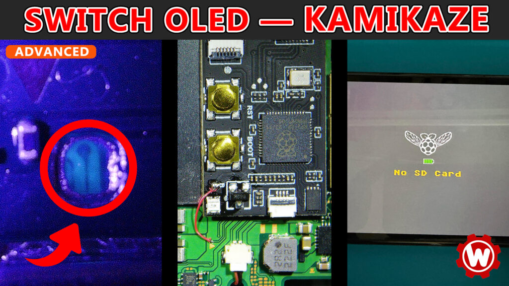 Switch OLED Kamikaze method modchip guide thumbnail — three panels showing the exposed DAT0 trace under UV light, an installed Picofly RP2040 chip, and the No SD Card boot screen