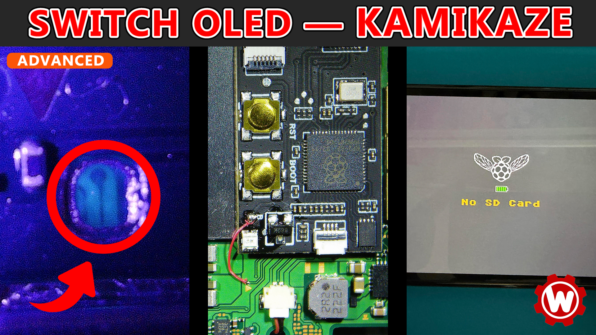 Switch OLED Kamikaze method modchip guide thumbnail — three panels showing the exposed DAT0 trace under UV light, an installed Picofly RP2040 chip, and the No SD Card boot screen