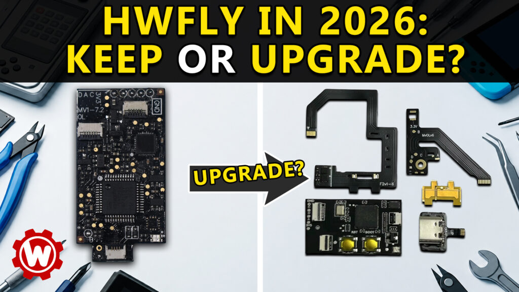 HWFLY MV1-7.2 Switch modchip beside a modern RP2040 chip and flex-cable kit — keep or upgrade in 2026