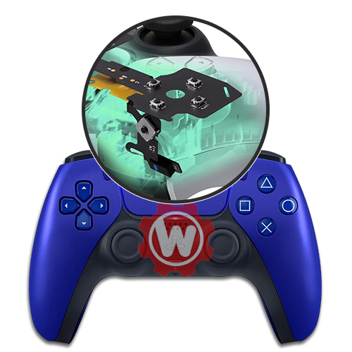 eXtremeRate clicky kit installed in a PS5 DualSense controller with tactile switches visible on the face button board